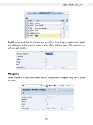 203
SELECTION SCREENS
Text Elements must then be activated and once this is done, they are automatically saved
and will appear on the selection screen in place of the technical names. The output screen
will now look like this:
Variants
When a user fills in a selection screen, there is the option of saving the entry. This is called
a variant:
 