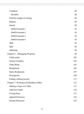 Condense                                  88
    NO-GAPS                                 89
  Find the Length of a String               89
  Replace                                   90
  Search                                    90
    SEARCH Example 1                        91
    SEARCH Example 2                        91
    SEARCH Example 3                        92
    SEARCH Example 4                        92
  Shift                                     93
  Split                                     94
  SubFields                                 96
Chapter 6 – Debugging Programs              98
  Fields mode                              102
  System Variables                         103
  Table Mode                               103
  Breakpoints                              105
  Static Breakpoints                       107
  Watchpoints                              108
  Ending a Debug Session                   111
Chapter 7: Working with Database Tables    113
  Making a Copy of a Table                 113
  Add New Fields                           116
  Foreign Keys                             117
  Append Structures                        122
  Include Structures                       124


                                      vi
 