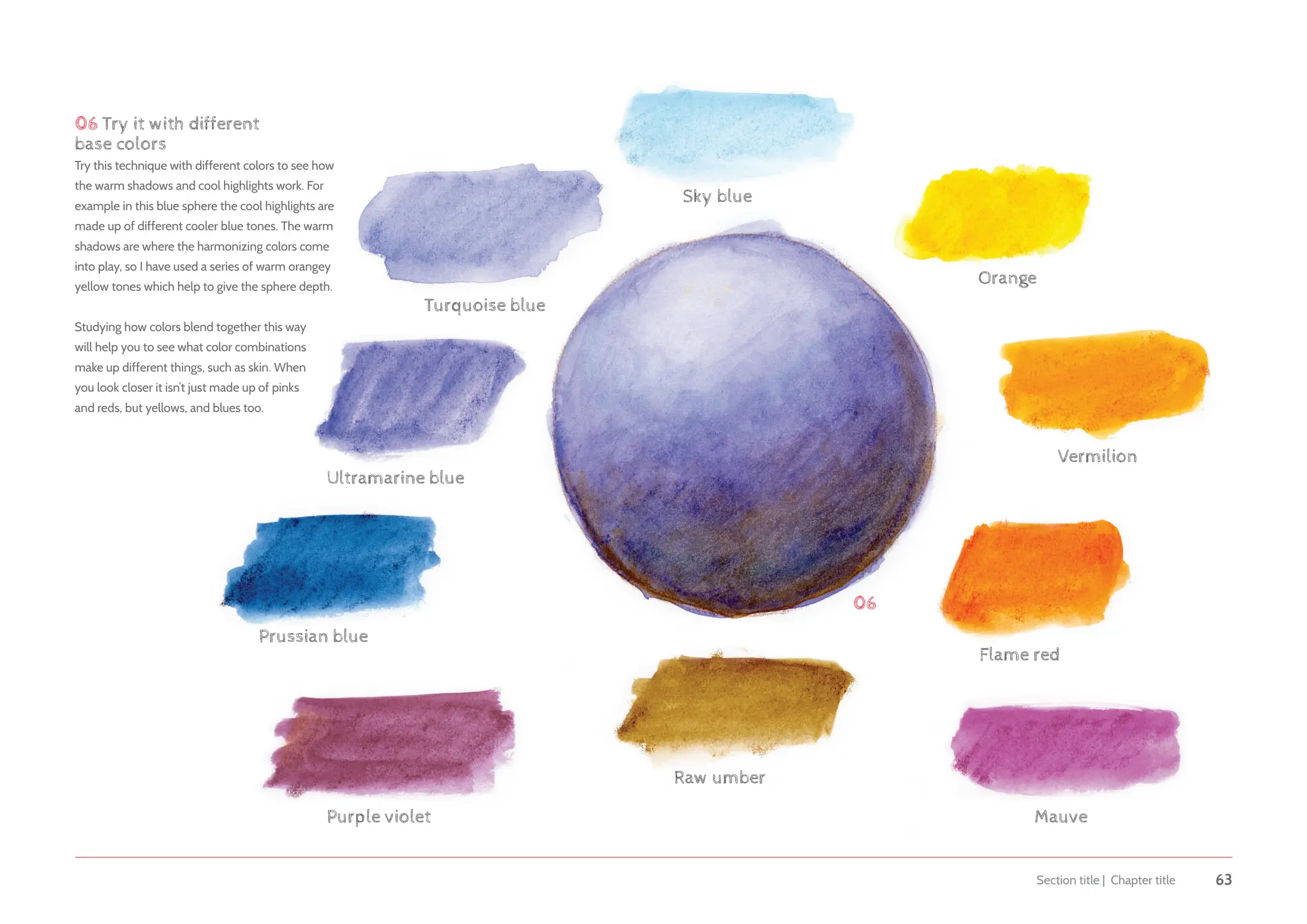 Section title | Chapter title 63
Prussian blue
Raw umber
Flame red
Vermilion
Orange
Sky blue
Turquoise blue
Ultramarine blue
Purple violet Mauve
06
06 Try it with different
base colors
Try this technique with different colors to see how
the warm shadows and cool highlights work. For
example in this blue sphere the cool highlights are
made up of different cooler blue tones. The warm
shadows are where the harmonizing colors come
into play, so I have used a series of warm orangey
yellow tones which help to give the sphere depth.
Studying how colors blend together this way
will help you to see what color combinations
make up different things, such as skin. When
you look closer it isn’t just made up of pinks
and reds, but yellows, and blues too.
 