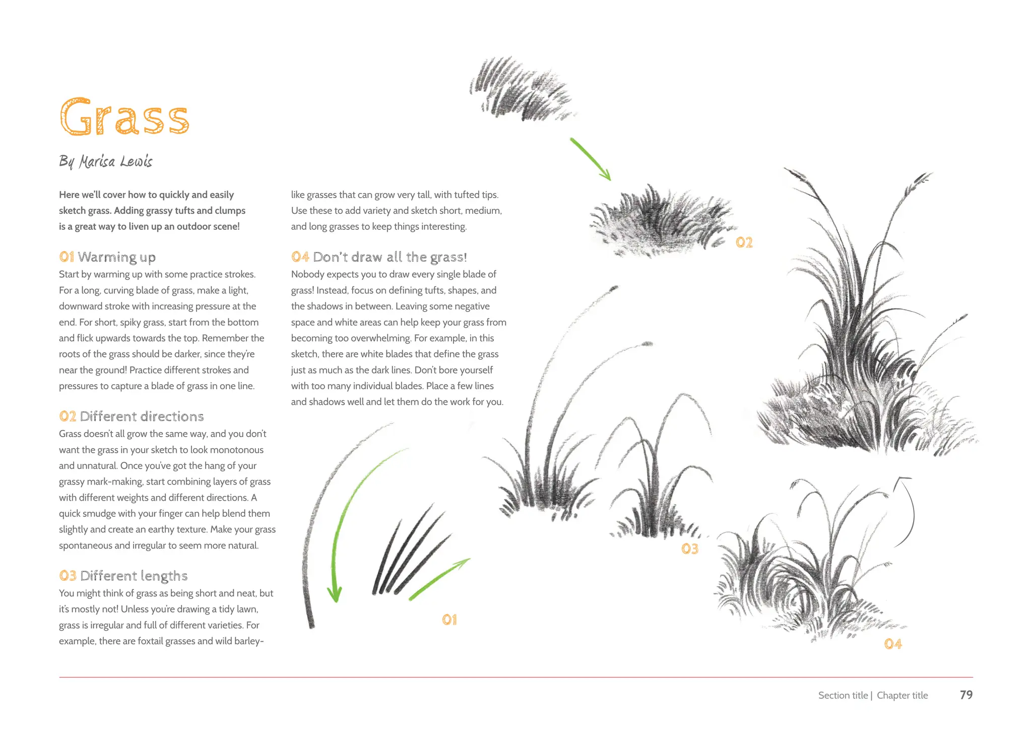 Section title | Chapter title 79
Grass
By Marisa Lewis
Here we’ll cover how to quickly and easily
sketch grass. Adding grassy tufts and clumps
is a great way to liven up an outdoor scene!
01 Warming up
Start by warming up with some practice strokes.
For a long, curving blade of grass, make a light,
downward stroke with increasing pressure at the
end. For short, spiky grass, start from the bottom
and flick upwards towards the top. Remember the
roots of the grass should be darker, since they’re
near the ground! Practice different strokes and
pressures to capture a blade of grass in one line.
02 Different directions
Grass doesn’t all grow the same way, and you don’t
want the grass in your sketch to look monotonous
and unnatural. Once you’ve got the hang of your
grassy mark-making, start combining layers of grass
with different weights and different directions. A
quick smudge with your finger can help blend them
slightly and create an earthy texture. Make your grass
spontaneous and irregular to seem more natural.
03 Different lengths
You might think of grass as being short and neat, but
it’s mostly not! Unless you’re drawing a tidy lawn,
grass is irregular and full of different varieties. For
example, there are foxtail grasses and wild barley-
01
02
03
04
like grasses that can grow very tall, with tufted tips.
Use these to add variety and sketch short, medium,
and long grasses to keep things interesting.
04 Don’t draw all the grass!
Nobody expects you to draw every single blade of
grass! Instead, focus on defining tufts, shapes, and
the shadows in between. Leaving some negative
space and white areas can help keep your grass from
becoming too overwhelming. For example, in this
sketch, there are white blades that define the grass
just as much as the dark lines. Don’t bore yourself
with too many individual blades. Place a few lines
and shadows well and let them do the work for you.
 