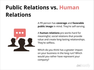 Public Relations vs. Human
Relations
A PR person has coverage and favorable
public image in mind. They’re self-serving. 
 
A human relations pro works hard for
meaningful, social relations that provide
value and create long-lasting relationships.
They’re selﬂess.
Which do you think has a greater impact
on your business in the long run? Which
would you rather have represent your
company?
 