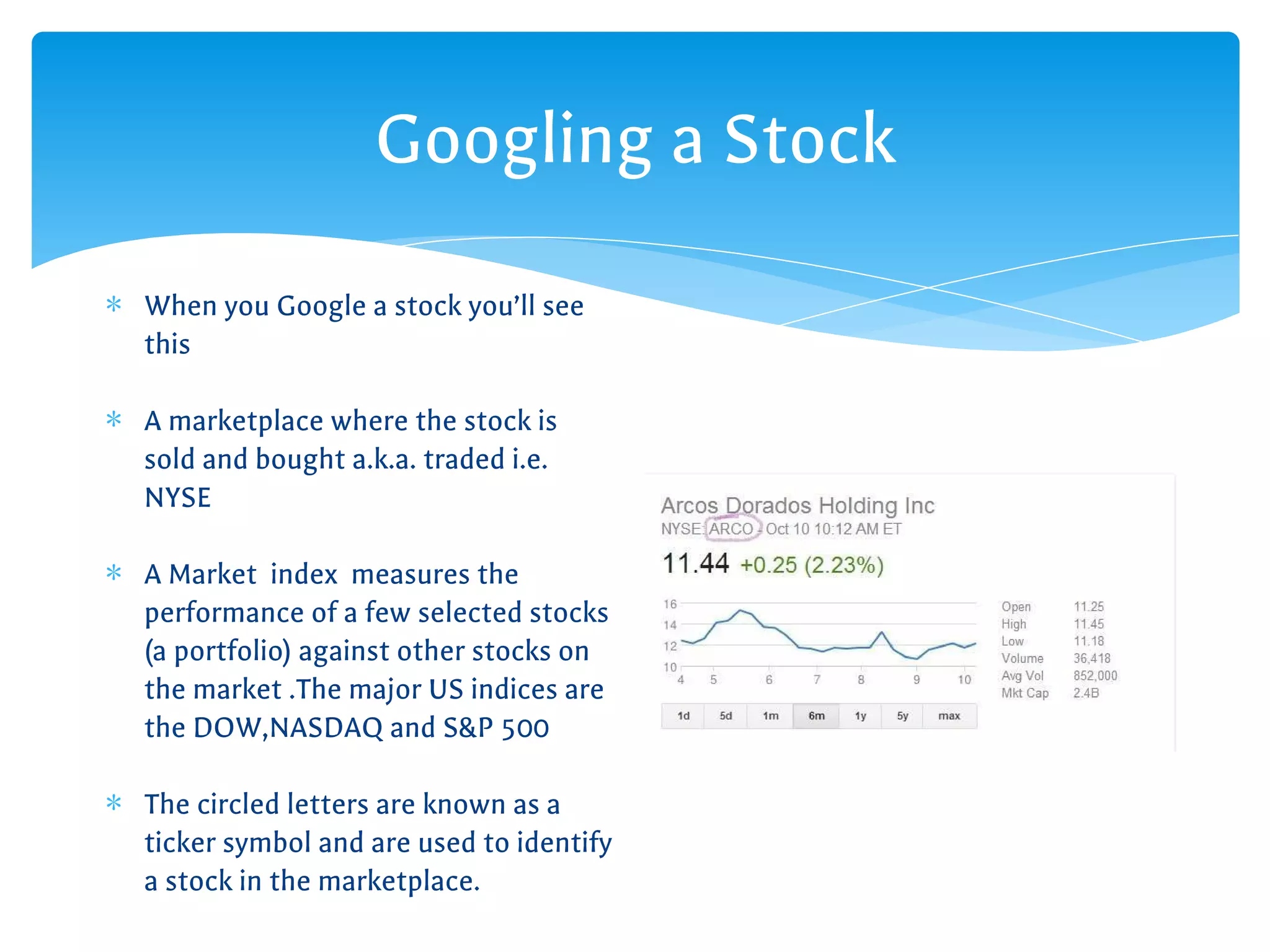 Googling a Stock
∗ When you Google a stock you’ll see
this
∗ A marketplace where the stock is
sold and bought a.k.a. traded i.e.
NYSE
∗ A Market index measures the
performance of a few selected stocks
(a portfolio) against other stocks on
the market .The major US indices are
the DOW,NASDAQ and S&P 500
∗ The circled letters are known as a
ticker symbol and are used to identify
a stock in the marketplace.
 