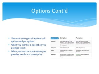 Options Cont’d
∗ There are two types of options: call
options and put options
∗ When you exercise a call option you
promise to sell
∗ When you exercise a put option you
promise to sale at a preset price
 
