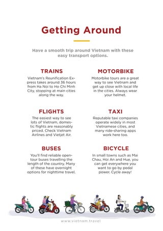 www.vietnam.travel
Getting Around
TRAINS
TAXI
FLIGHTS
BUSES
MOTORBIKE
Have a smooth trip around Vietnam with these
easy transport options.
Vietnam’s Reunification Ex-
press takes around 36 hours
from Ha Noi to Ho Chi Minh
City, stopping at main cities
along the way.
Motorbike tours are a great
way to see Vietnam and
get up close with local life
in the cities. Always wear
your helmet.
The easiest way to see
lots of Vietnam, domes-
tic ﬂights are reasonably
priced. Check Vietnam
Airlines and Vietjet Air.
Reputable taxi companies
operate widely in most
Vietnamese cities, and
many ride-sharing apps
work here too.
You’ll ﬁnd reliable open-
tour buses travelling the
length of the country. Many
of these have overnight
options for nighttime travel.
BICYCLE
In small towns such as Mai
Chau, Hoi An and Hue, you
can get everywhere you
want to go by pedal
power. Cycle away!
 