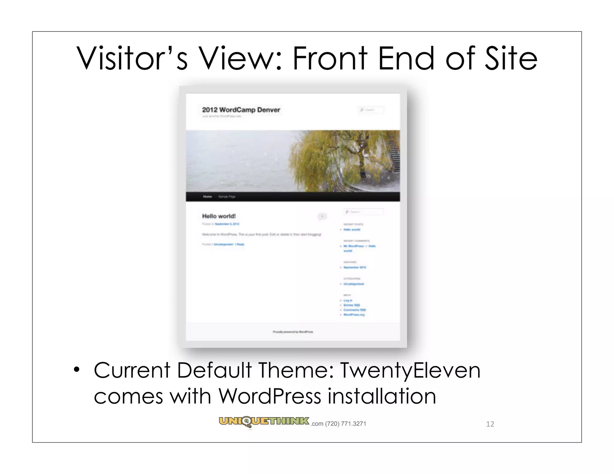 Visitor’s View: Front End of Site




 Current Default Theme: TwentyEleven
 comes with WordPress installation
                    .com (720) 771.3271   12
 