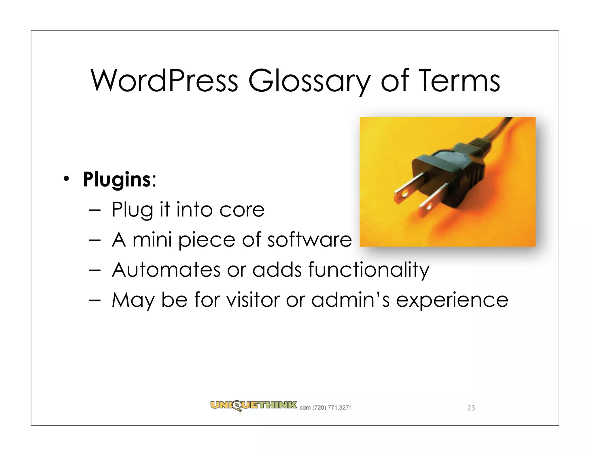 WordPress Glossary of Terms


Plugins:
 – Plug it into core
 – A mini piece of software
 – Automates or adds functionality
 – May be for visitor or admin’s experience




                     .com (720) 771.3271   23
 