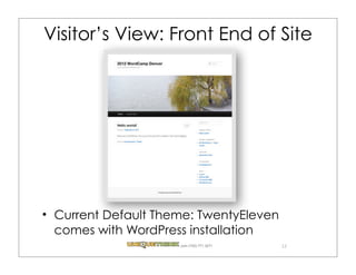 Visitor’s View: Front End of Site




 Current Default Theme: TwentyEleven
 comes with WordPress installation
                    .com (720) 771.3271   12
 