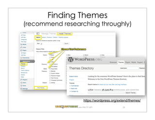 Finding Themes
(recommend researching throughly)




                      https://wordpress.org/extend/themes/
                .com (720) 771.3271           29
 