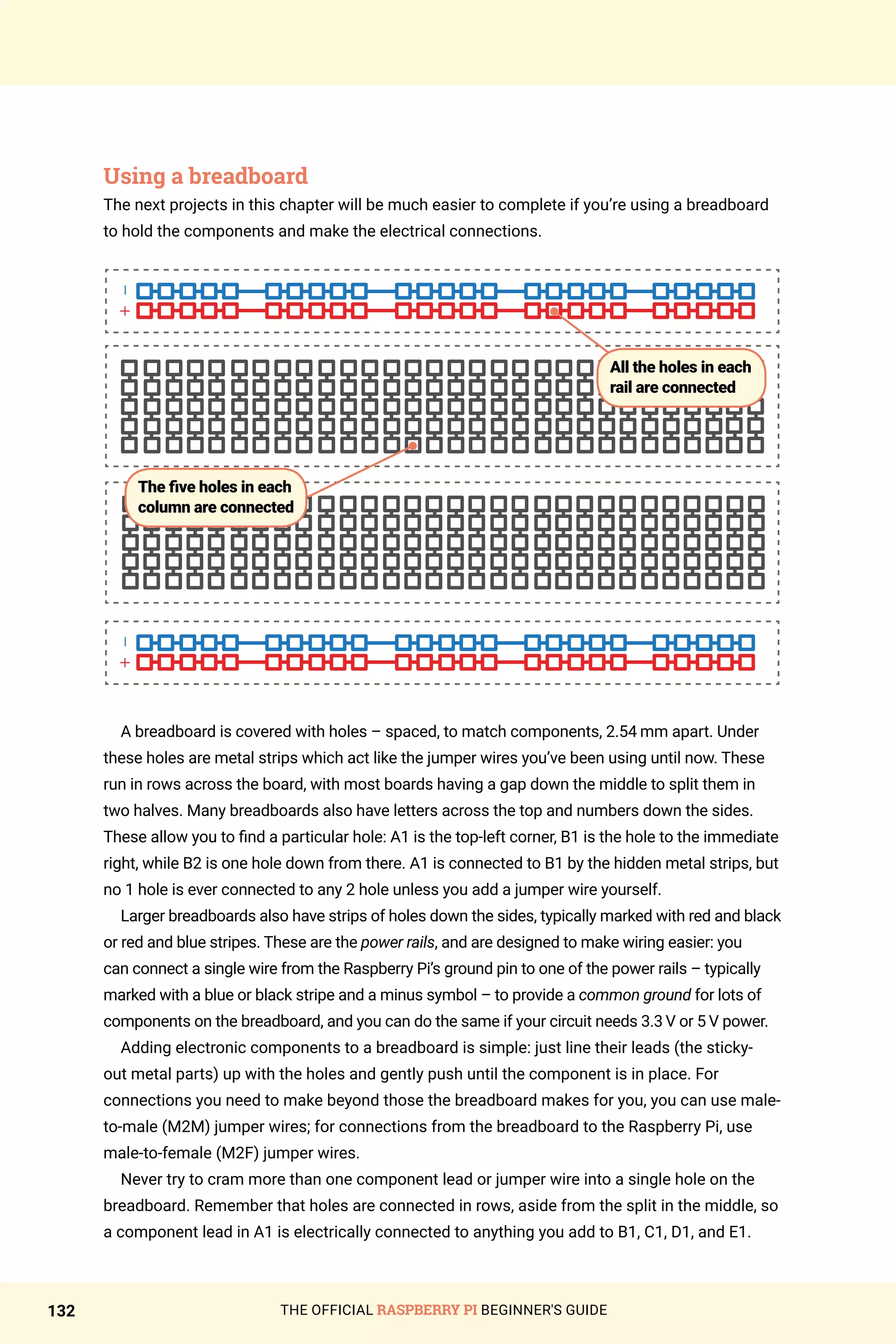 THE OFFICIAL RASPBERRY PI BEGINNER'S GUIDE
132
Using a breadboard
The next projects in this chapter will be much easier to complete if you’re using a breadboard
to hold the components and make the electrical connections.
A breadboard is covered with holes – spaced, to match components, 2.54 mm apart. Under
these holes are metal strips which act like the jumper wires you’ve been using until now. These
run in rows across the board, with most boards having a gap down the middle to split them in
two halves. Many breadboards also have letters across the top and numbers down the sides.
These allow you to find a particular hole: A1 is the top-left corner, B1 is the hole to the immediate
right, while B2 is one hole down from there. A1 is connected to B1 by the hidden metal strips, but
no 1 hole is ever connected to any 2 hole unless you add a jumper wire yourself.
Larger breadboards also have strips of holes down the sides, typically marked with red and black
or red and blue stripes. These are the power rails, and are designed to make wiring easier: you
can connect a single wire from the Raspberry Pi’s ground pin to one of the power rails – typically
marked with a blue or black stripe and a minus symbol – to provide a common ground for lots of
components on the breadboard, and you can do the same if your circuit needs 3.3 V or 5 V power.
Adding electronic components to a breadboard is simple: just line their leads (the sticky-
out metal parts) up with the holes and gently push until the component is in place. For
connections you need to make beyond those the breadboard makes for you, you can use male-
to-male (M2M) jumper wires; for connections from the breadboard to the Raspberry Pi, use
male-to-female (M2F) jumper wires.
Never try to cram more than one component lead or jumper wire into a single hole on the
breadboard. Remember that holes are connected in rows, aside from the split in the middle, so
a component lead in A1 is electrically connected to anything you add to B1, C1, D1, and E1.
The five holes in each
column are connected
All the holes in each
rail are connected
 