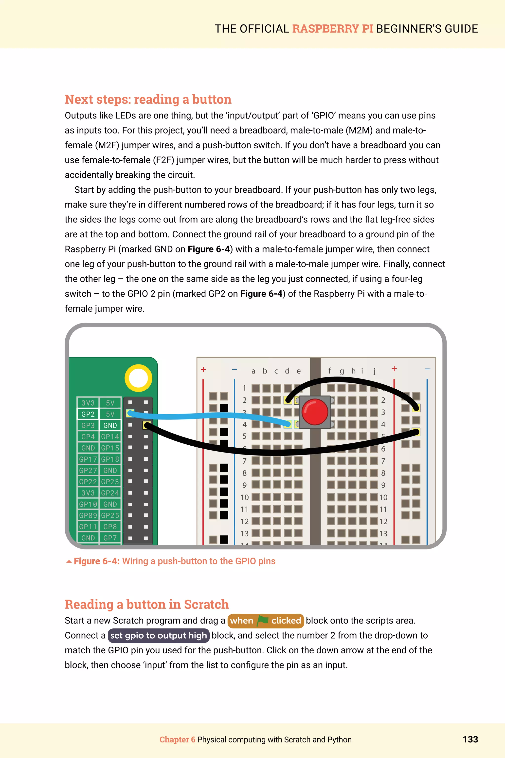 Chapter 6 Physical computing with Scratch and Python 133
THE OFFICIAL RASPBERRY PI BEGINNER’S GUIDE
Next steps: reading a button
Outputs like LEDs are one thing, but the ‘input/output’ part of ‘GPIO’ means you can use pins
as inputs too. For this project, you’ll need a breadboard, male-to-male (M2M) and male-to-
female (M2F) jumper wires, and a push-button switch. If you don’t have a breadboard you can
use female-to-female (F2F) jumper wires, but the button will be much harder to press without
accidentally breaking the circuit.
Start by adding the push-button to your breadboard. If your push-button has only two legs,
make sure they’re in different numbered rows of the breadboard; if it has four legs, turn it so
the sides the legs come out from are along the breadboard’s rows and the flat leg-free sides
are at the top and bottom. Connect the ground rail of your breadboard to a ground pin of the
Raspberry Pi (marked GND on Figure 6-4) with a male-to-female jumper wire, then connect
one leg of your push-button to the ground rail with a male-to-male jumper wire. Finally, connect
the other leg – the one on the same side as the leg you just connected, if using a four-leg
switch – to the GPIO 2 pin (marked GP2 on Figure 6-4) of the Raspberry Pi with a male-to-
female jumper wire.
3V3
GP2
GP3
GP4
GND
GP17
GP27
GP22
3V3
GP10
GP09
GP11
GND
DNC
GP5
GP6
GP13
GP19
GP26
GND
5V
5V
GND
GP14
GP15
GP18
GND
GP23
GP24
GND
GP25
GP8
GP7
DNC
GND
GP12
GND
GP16
GP20
GP21
5Figure 6-4: Wiring a push-button to the GPIO pins
Reading a button in Scratch
Start a new Scratch program and drag a when clicked block onto the scripts area.
Connect a set gpio to output high block, and select the number 2 from the drop-down to
match the GPIO pin you used for the push-button. Click on the down arrow at the end of the
block, then choose ‘input’ from the list to configure the pin as an input.
 
