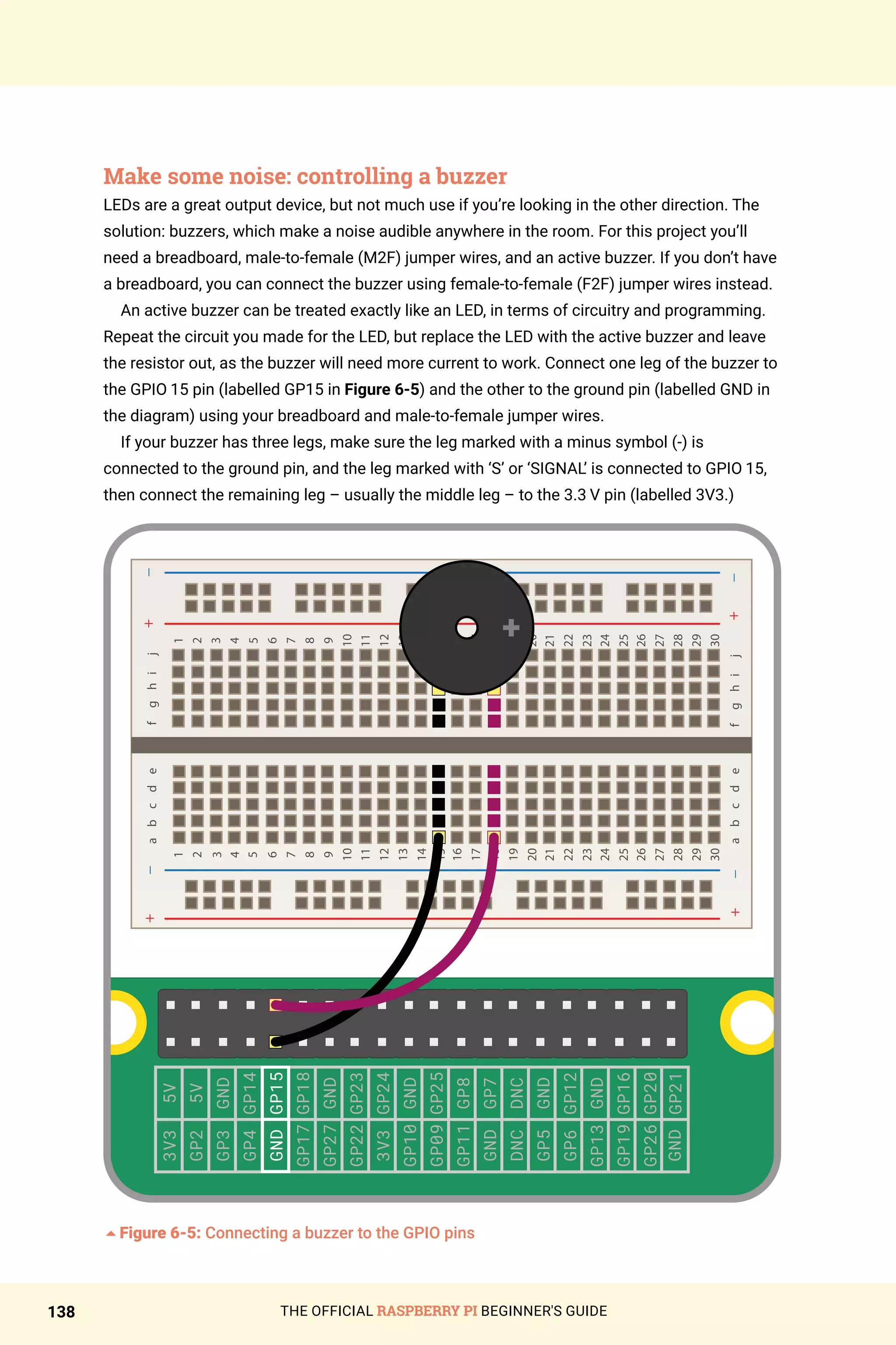 THE OFFICIAL RASPBERRY PI BEGINNER'S GUIDE
138
Make some noise: controlling a buzzer
LEDs are a great output device, but not much use if you’re looking in the other direction. The
solution: buzzers, which make a noise audible anywhere in the room. For this project you’ll
need a breadboard, male-to-female (M2F) jumper wires, and an active buzzer. If you don’t have
a breadboard, you can connect the buzzer using female-to-female (F2F) jumper wires instead.
An active buzzer can be treated exactly like an LED, in terms of circuitry and programming.
Repeat the circuit you made for the LED, but replace the LED with the active buzzer and leave
the resistor out, as the buzzer will need more current to work. Connect one leg of the buzzer to
the GPIO 15 pin (labelled GP15 in Figure 6-5) and the other to the ground pin (labelled GND in
the diagram) using your breadboard and male-to-female jumper wires.
If your buzzer has three legs, make sure the leg marked with a minus symbol (-) is
connected to the ground pin, and the leg marked with ‘S’ or ‘SIGNAL’ is connected to GPIO 15,
then connect the remaining leg – usually the middle leg – to the 3.3 V pin (labelled 3V3.)
+
_
+
_
a
b
c
d
e
f
g
h
i
j
3V3
GP2
GP3
GP4
GND
GP17
GP27
GP22
3V3
GP10
GP09
GP11
GND
DNC
GP5
GP6
GP13
GP19
GP26
GND
5V
5V
GND
GP14
GP15
GP18
GND
GP23
GP24
GND
GP25
GP8
GP7
DNC
GND
GP12
GND
GP16
GP20
GP21
5Figure 6-5: Connecting a buzzer to the GPIO pins
 