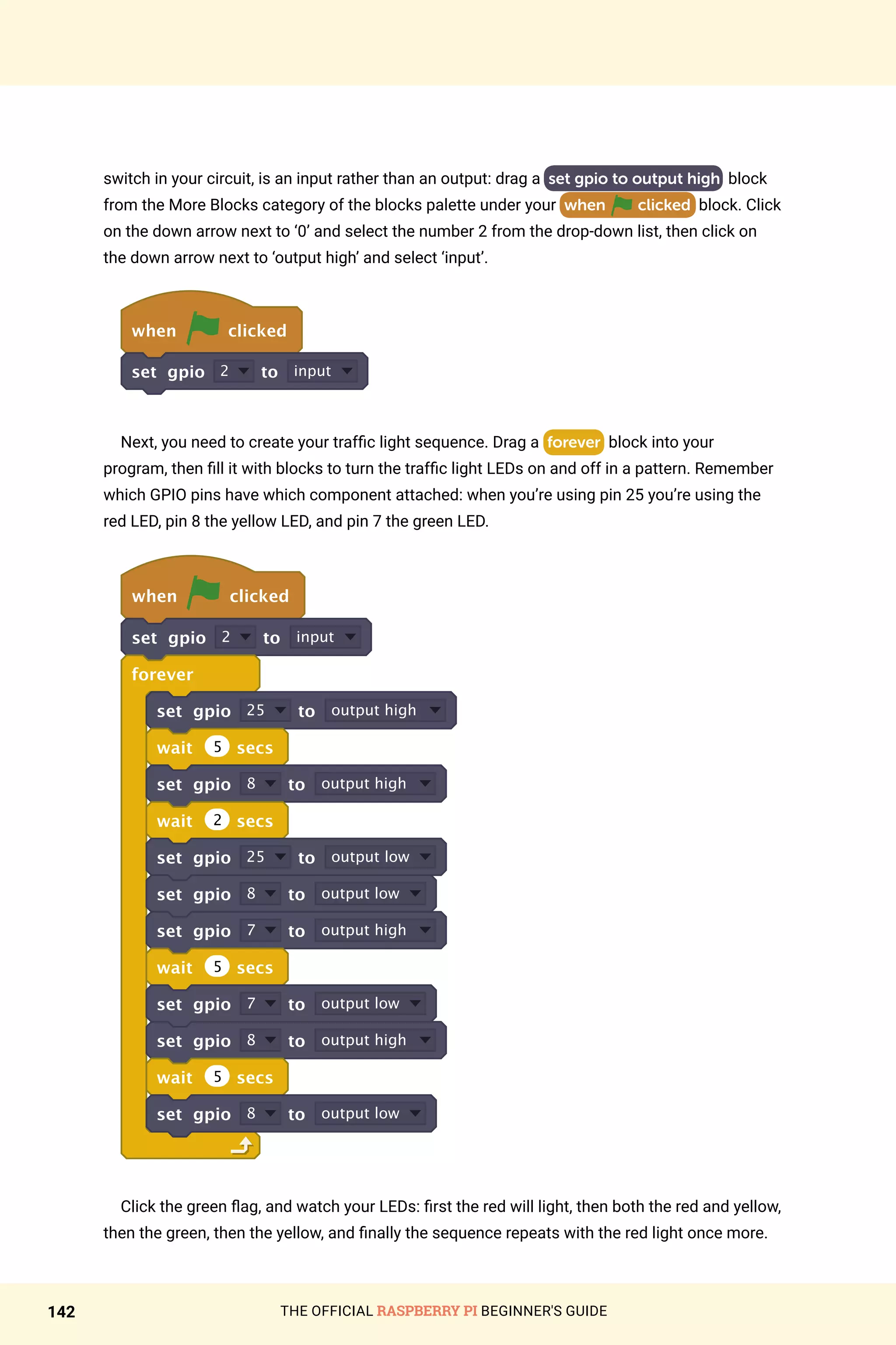 THE OFFICIAL RASPBERRY PI BEGINNER'S GUIDE
142
switch in your circuit, is an input rather than an output: drag a set gpio to output high block
from the More Blocks category of the blocks palette under your when clicked block. Click
on the down arrow next to ‘0’ and select the number 2 from the drop-down list, then click on
the down arrow next to ‘output high’ and select ‘input’.
when clicked
set gpio 2 to input
Next, you need to create your traffic light sequence. Drag a forever block into your
program, then fill it with blocks to turn the traffic light LEDs on and off in a pattern. Remember
which GPIO pins have which component attached: when you’re using pin 25 you’re using the
red LED, pin 8 the yellow LED, and pin 7 the green LED.
when clicked
set gpio 2 to input
forever
set gpio 25 to output high
wait 5 secs
set gpio 8 to output high
wait 2 secs
set gpio 25 to output low
set gpio 8 to output low
set gpio 7 to output high
wait 5 secs
set gpio 7 to output low
set gpio 8 to output high
wait 5 secs
set gpio 8 to output low
Click the green flag, and watch your LEDs: first the red will light, then both the red and yellow,
then the green, then the yellow, and finally the sequence repeats with the red light once more.
 