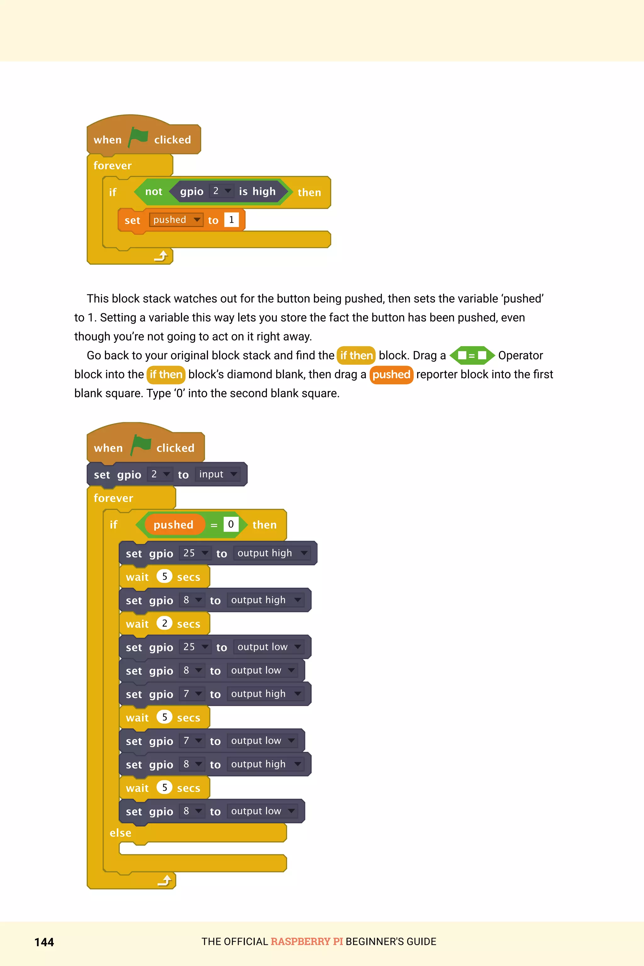 THE OFFICIAL RASPBERRY PI BEGINNER'S GUIDE
144
when clicked
forever
if not gpio 2 is high then
set pushed to 1
This block stack watches out for the button being pushed, then sets the variable ‘pushed’
to 1. Setting a variable this way lets you store the fact the button has been pushed, even
though you’re not going to act on it right away.
Go back to your original block stack and find the if then block. Drag a n = n Operator
block into the if then block’s diamond blank, then drag a pushed reporter block into the first
blank square. Type ‘0’ into the second blank square.
when clicked
set gpio 2 to input
forever
if pushed = 0 then
set gpio 25 to output high
wait 5 secs
set gpio 8 to output high
wait 2 secs
set gpio 25 to output low
set gpio 8 to output low
set gpio 7 to output high
wait 5 secs
set gpio 7 to output low
set gpio 8 to output high
wait 5 secs
set gpio 8 to output low
else
 