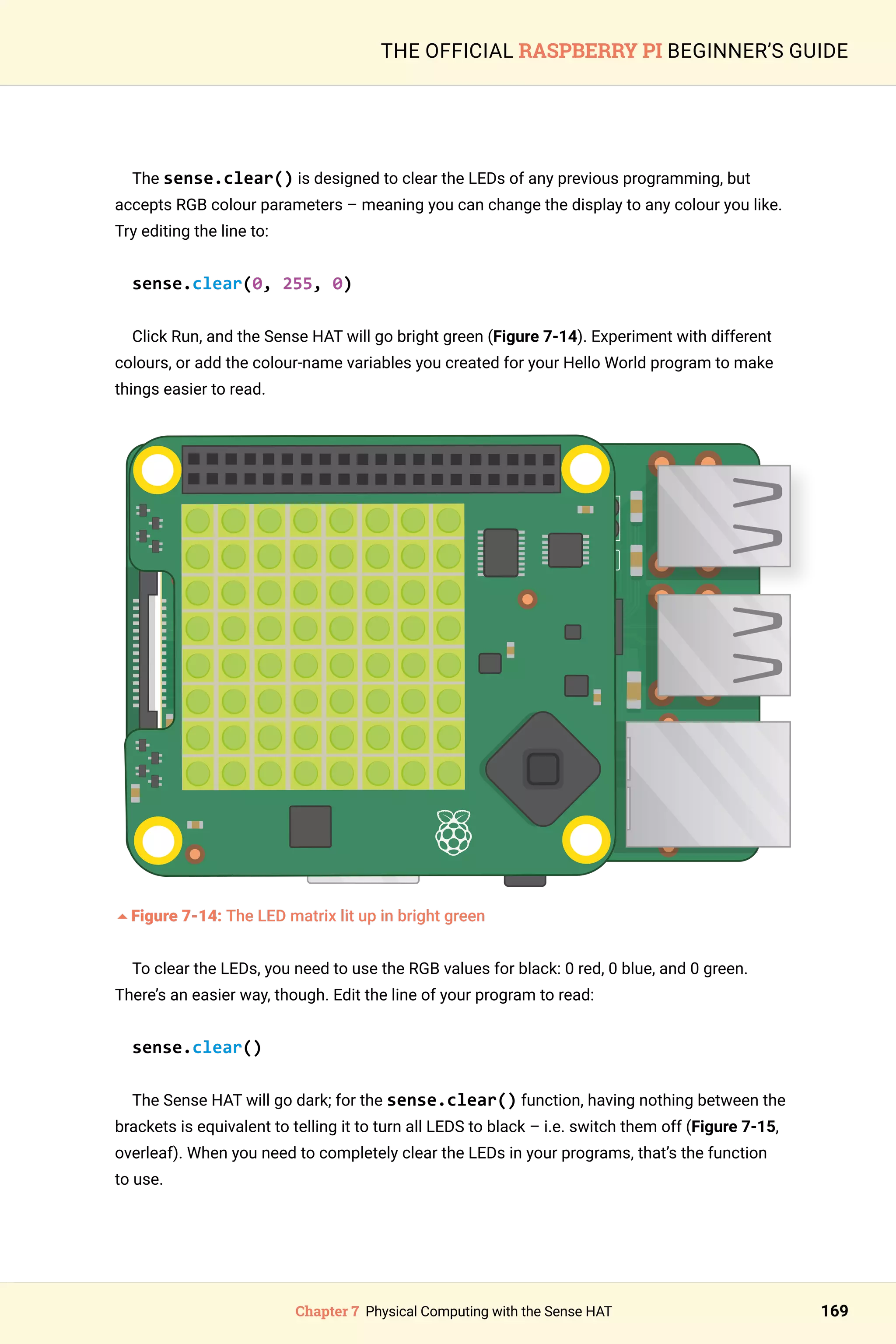 Chapter 7 Physical Computing with the Sense HAT 169
THE OFFICIAL RASPBERRY PI BEGINNER’S GUIDE
The sense.clear() is designed to clear the LEDs of any previous programming, but
accepts RGB colour parameters – meaning you can change the display to any colour you like.
Try editing the line to:
sense.clear(0, 255, 0)
Click Run, and the Sense HAT will go bright green (Figure 7-14). Experiment with different
colours, or add the colour-name variables you created for your Hello World program to make
things easier to read.
	
5Figure 7-14: The LED matrix lit up in bright green
To clear the LEDs, you need to use the RGB values for black: 0 red, 0 blue, and 0 green.
There’s an easier way, though. Edit the line of your program to read:
sense.clear()
The Sense HAT will go dark; for the sense.clear() function, having nothing between the
brackets is equivalent to telling it to turn all LEDS to black – i.e. switch them off (Figure 7-15,
overleaf). When you need to completely clear the LEDs in your programs, that’s the function
to use.
 