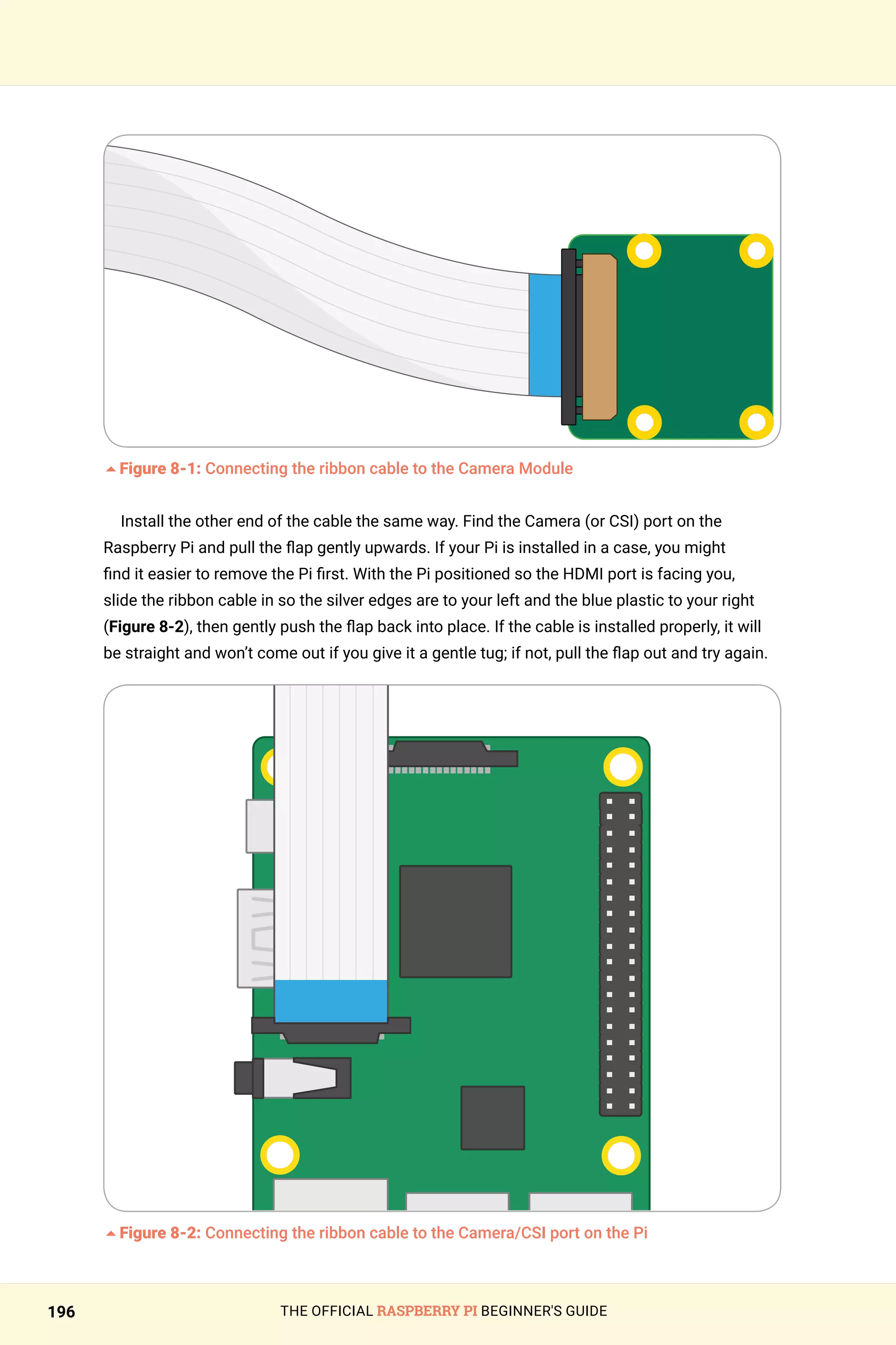 THE OFFICIAL RASPBERRY PI BEGINNER'S GUIDE
196
5Figure 8-1: Connecting the ribbon cable to the Camera Module
Install the other end of the cable the same way. Find the Camera (or CSI) port on the
Raspberry Pi and pull the flap gently upwards. If your Pi is installed in a case, you might
find it easier to remove the Pi first. With the Pi positioned so the HDMI port is facing you,
slide the ribbon cable in so the silver edges are to your left and the blue plastic to your right
(Figure 8-2), then gently push the flap back into place. If the cable is installed properly, it will
be straight and won’t come out if you give it a gentle tug; if not, pull the flap out and try again.
5Figure 8-2: Connecting the ribbon cable to the Camera/CSI port on the Pi
 