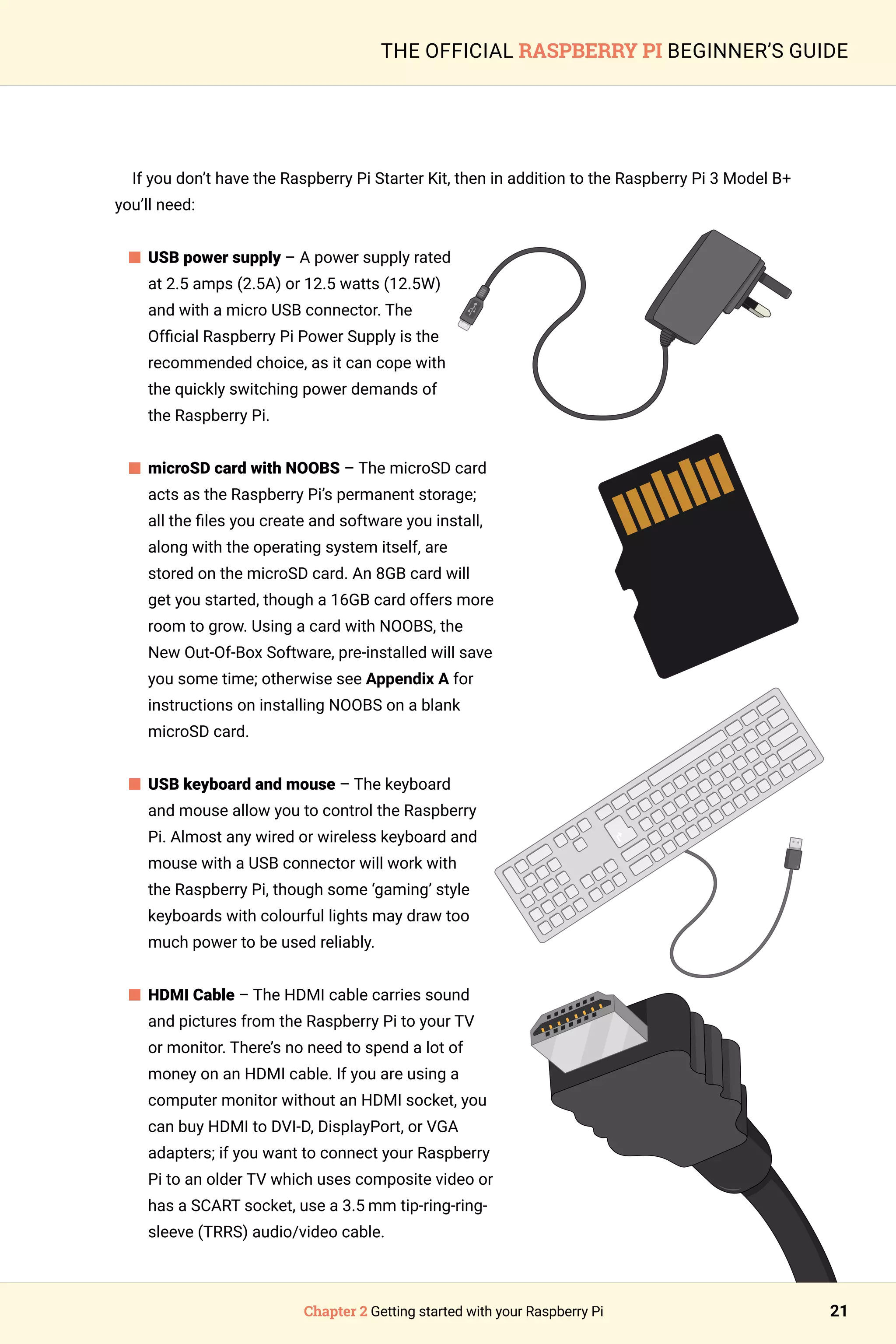 Chapter 2 Getting started with your Raspberry Pi 21
THE OFFICIAL RASPBERRY PI BEGINNER’S GUIDE
If you don’t have the Raspberry Pi Starter Kit, then in addition to the Raspberry Pi 3 Model B+
you’ll need:
n 
USB power supply – A power supply rated
at 2.5 amps (2.5A) or 12.5 watts (12.5W)
and with a micro USB connector. The
Official Raspberry Pi Power Supply is the
recommended choice, as it can cope with
the quickly switching power demands of
the Raspberry Pi.
n 
microSD card with NOOBS – The microSD card
acts as the Raspberry Pi’s permanent storage;
all the files you create and software you install,
along with the operating system itself, are
stored on the microSD card. An 8GB card will
get you started, though a 16GB card offers more
room to grow. Using a card with NOOBS, the
New Out-Of-Box Software, pre-installed will save
you some time; otherwise see Appendix A for
instructions on installing NOOBS on a blank
microSD card.
n 
USB keyboard and mouse – The keyboard
and mouse allow you to control the Raspberry
Pi. Almost any wired or wireless keyboard and
mouse with a USB connector will work with
the Raspberry Pi, though some ‘gaming’ style
keyboards with colourful lights may draw too
much power to be used reliably.
		
n HDMI Cable – The HDMI cable carries sound
and pictures from the Raspberry Pi to your TV
or monitor. There’s no need to spend a lot of
money on an HDMI cable. If you are using a
computer monitor without an HDMI socket, you
can buy HDMI to DVI-D, DisplayPort, or VGA
adapters; if you want to connect your Raspberry
Pi to an older TV which uses composite video or
has a SCART socket, use a 3.5 mm tip-ring-ring-
sleeve (TRRS) audio/video cable.
 