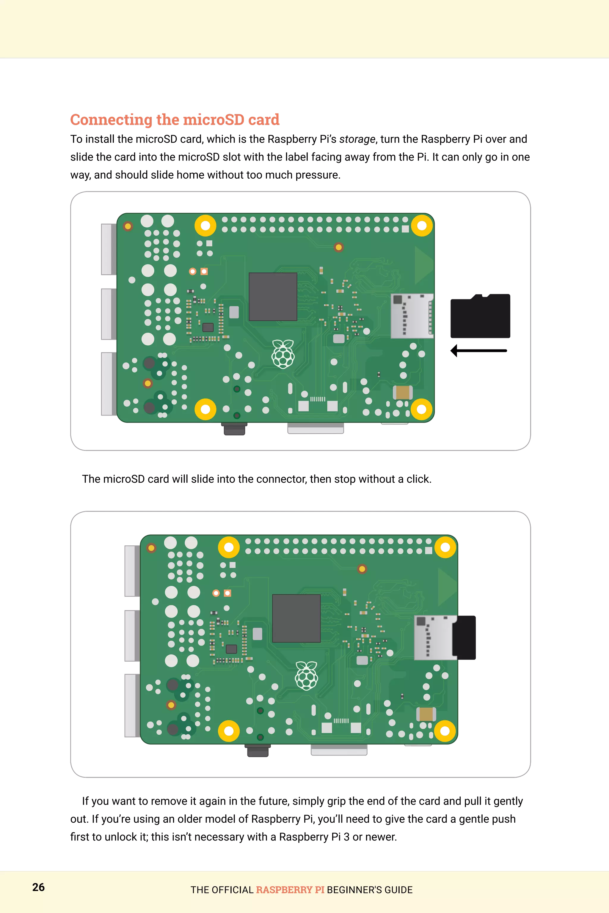 THE OFFICIAL RASPBERRY PI BEGINNER'S GUIDE
26
Connecting the microSD card
To install the microSD card, which is the Raspberry Pi’s storage, turn the Raspberry Pi over and
slide the card into the microSD slot with the label facing away from the Pi. It can only go in one
way, and should slide home without too much pressure.
The microSD card will slide into the connector, then stop without a click.
If you want to remove it again in the future, simply grip the end of the card and pull it gently
out. If you’re using an older model of Raspberry Pi, you’ll need to give the card a gentle push
first to unlock it; this isn’t necessary with a Raspberry Pi 3 or newer.
 