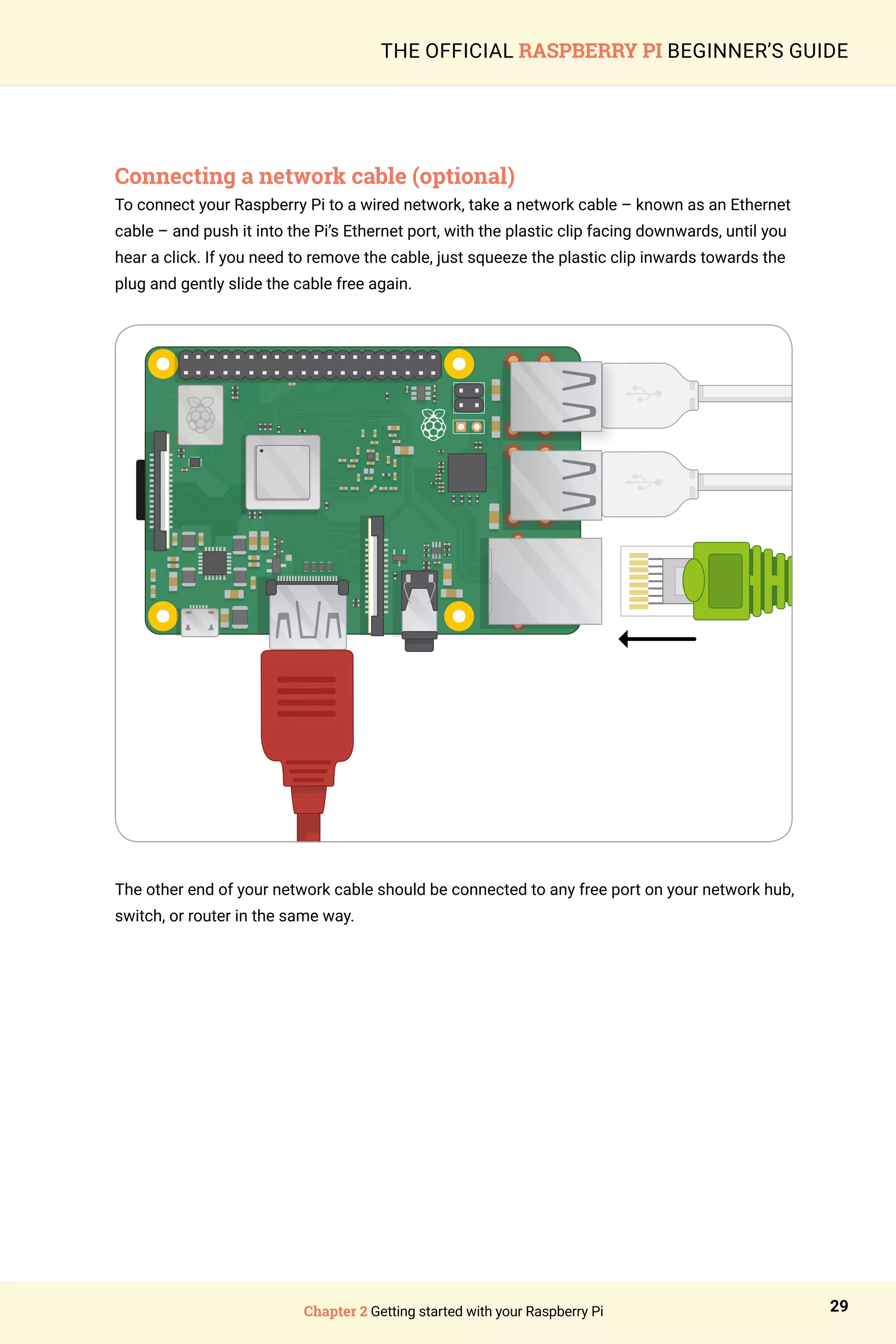 Chapter 2 Getting started with your Raspberry Pi 29
THE OFFICIAL RASPBERRY PI BEGINNER’S GUIDE
Connecting a network cable (optional)
To connect your Raspberry Pi to a wired network, take a network cable – known as an Ethernet
cable – and push it into the Pi’s Ethernet port, with the plastic clip facing downwards, until you
hear a click. If you need to remove the cable, just squeeze the plastic clip inwards towards the
plug and gently slide the cable free again.
The other end of your network cable should be connected to any free port on your network hub,
switch, or router in the same way.
 