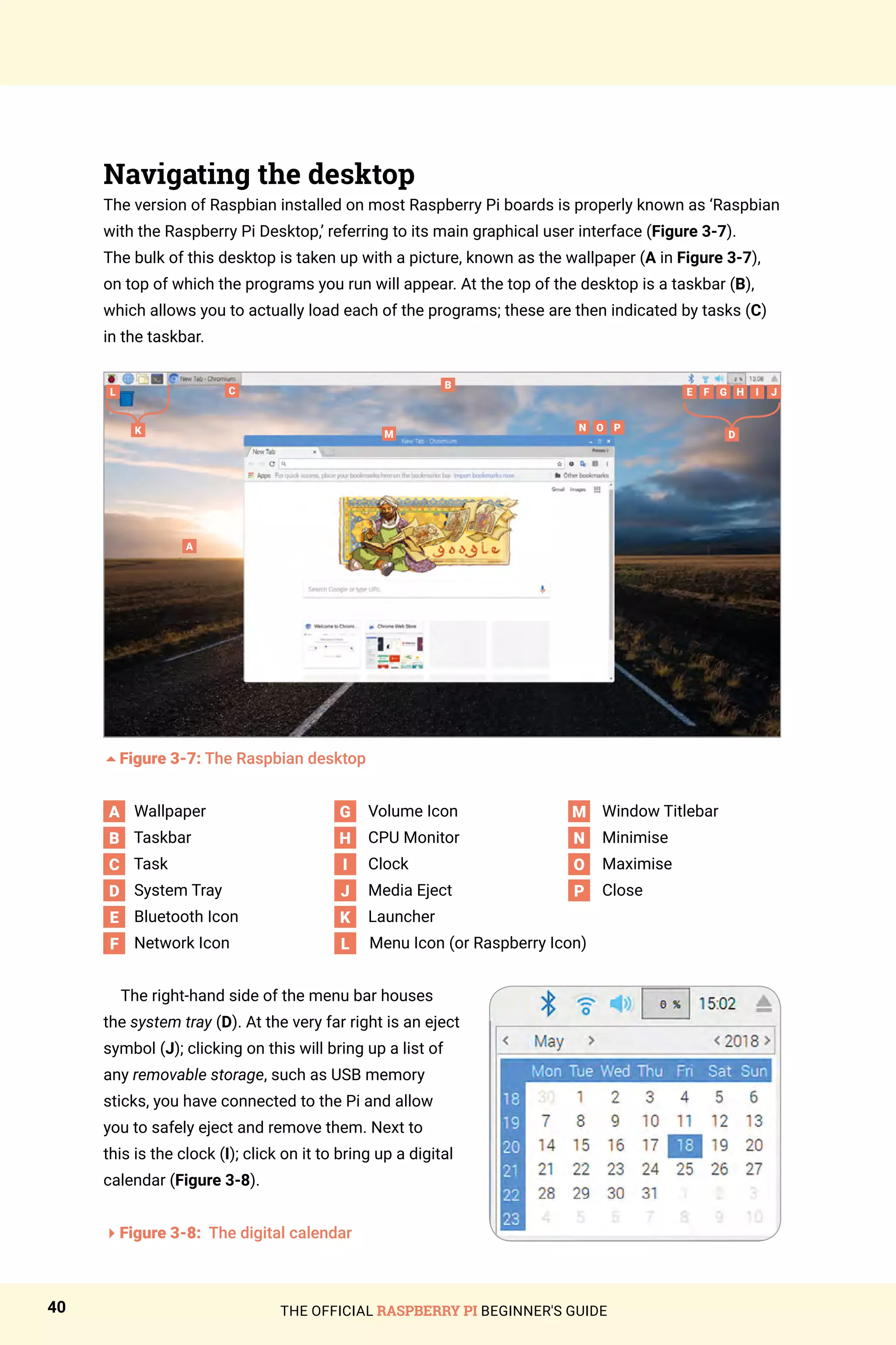THE OFFICIAL RASPBERRY PI BEGINNER'S GUIDE
40
Navigating the desktop
The version of Raspbian installed on most Raspberry Pi boards is properly known as ‘Raspbian
with the Raspberry Pi Desktop,’ referring to its main graphical user interface (Figure 3-7).
The bulk of this desktop is taken up with a picture, known as the wallpaper (A in Figure 3-7),
on top of which the programs you run will appear. At the top of the desktop is a taskbar (B),
which allows you to actually load each of the programs; these are then indicated by tasks (C)
in the taskbar.
5Figure 3-7: The Raspbian desktop
The right-hand side of the menu bar houses
the system tray (D). At the very far right is an eject
symbol (J); clicking on this will bring up a list of
any removable storage, such as USB memory
sticks, you have connected to the Pi and allow
you to safely eject and remove them. Next to
this is the clock (I); click on it to bring up a digital
calendar (Figure 3-8).
4Figure 3-8: The digital calendar
A
B
C
D
E
F
Wallpaper
Taskbar
Task
System Tray
Bluetooth Icon
Network Icon
Volume Icon
CPU Monitor
Clock
Media Eject
Launcher
Window Titlebar
Minimise
Maximise
Close
M
N
O
P
I
J
K
L
G
H
Menu Icon (or Raspberry Icon)
A
B
C
M
N O P
L J
I
F
E H
G
D
K
 