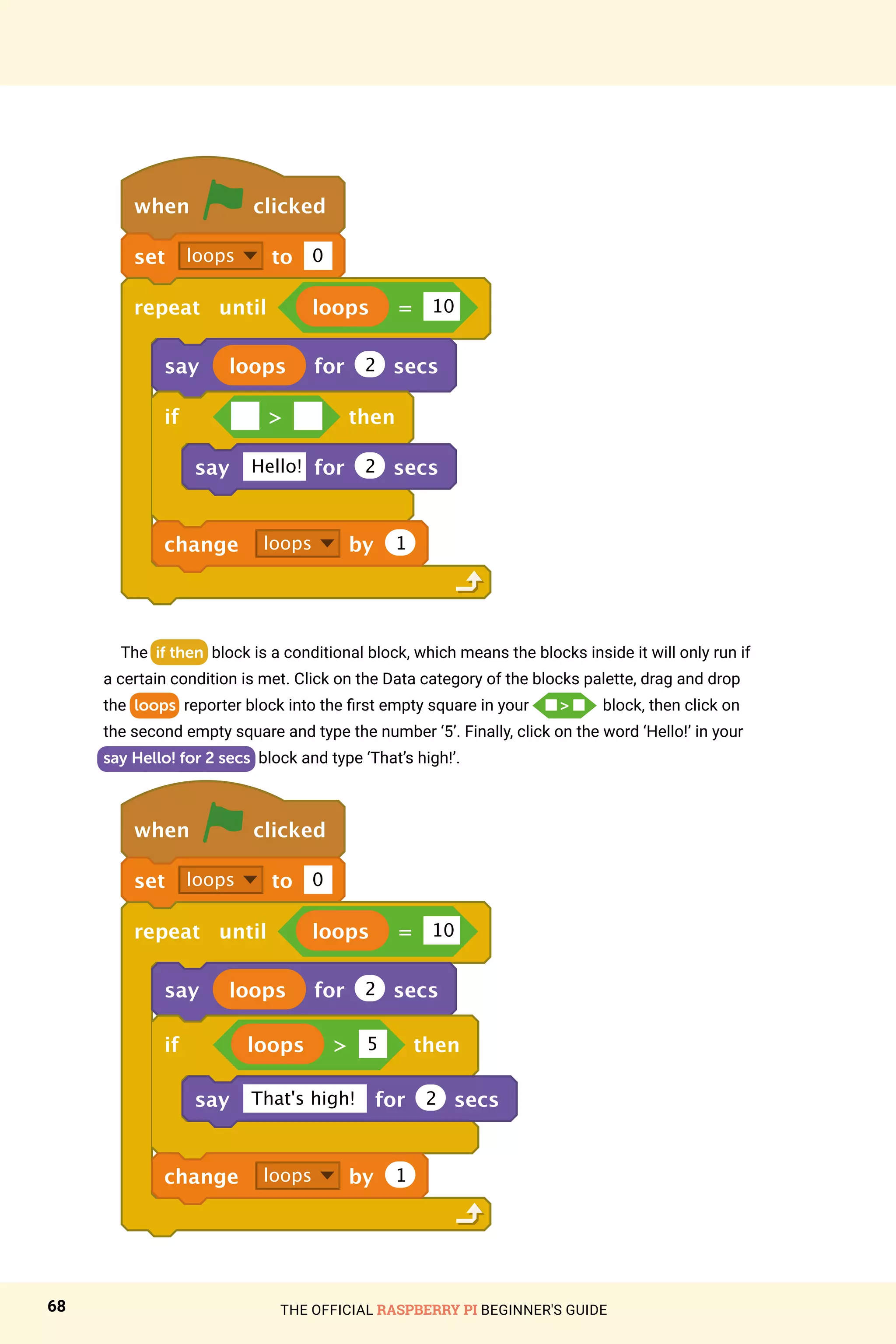 THE OFFICIAL RASPBERRY PI BEGINNER'S GUIDE
68
when clicked
set loops to 0
repeat until loops = 10
say loops for 2 secs
if  then
say Hello! for 2 secs
change loops by 1
The if then block is a conditional block, which means the blocks inside it will only run if
a certain condition is met. Click on the Data category of the blocks palette, drag and drop
the loops reporter block into the first empty square in your n  n    block, then click on
the second empty square and type the number ‘5’. Finally, click on the word ‘Hello!’ in your
say Hello! for 2 secs block and type ‘That’s high!’.
when clicked
set loops to 0
repeat until loops = 10
say loops for 2 secs
if loops  5 then
say That's high! for 2 secs
change loops by 1
 