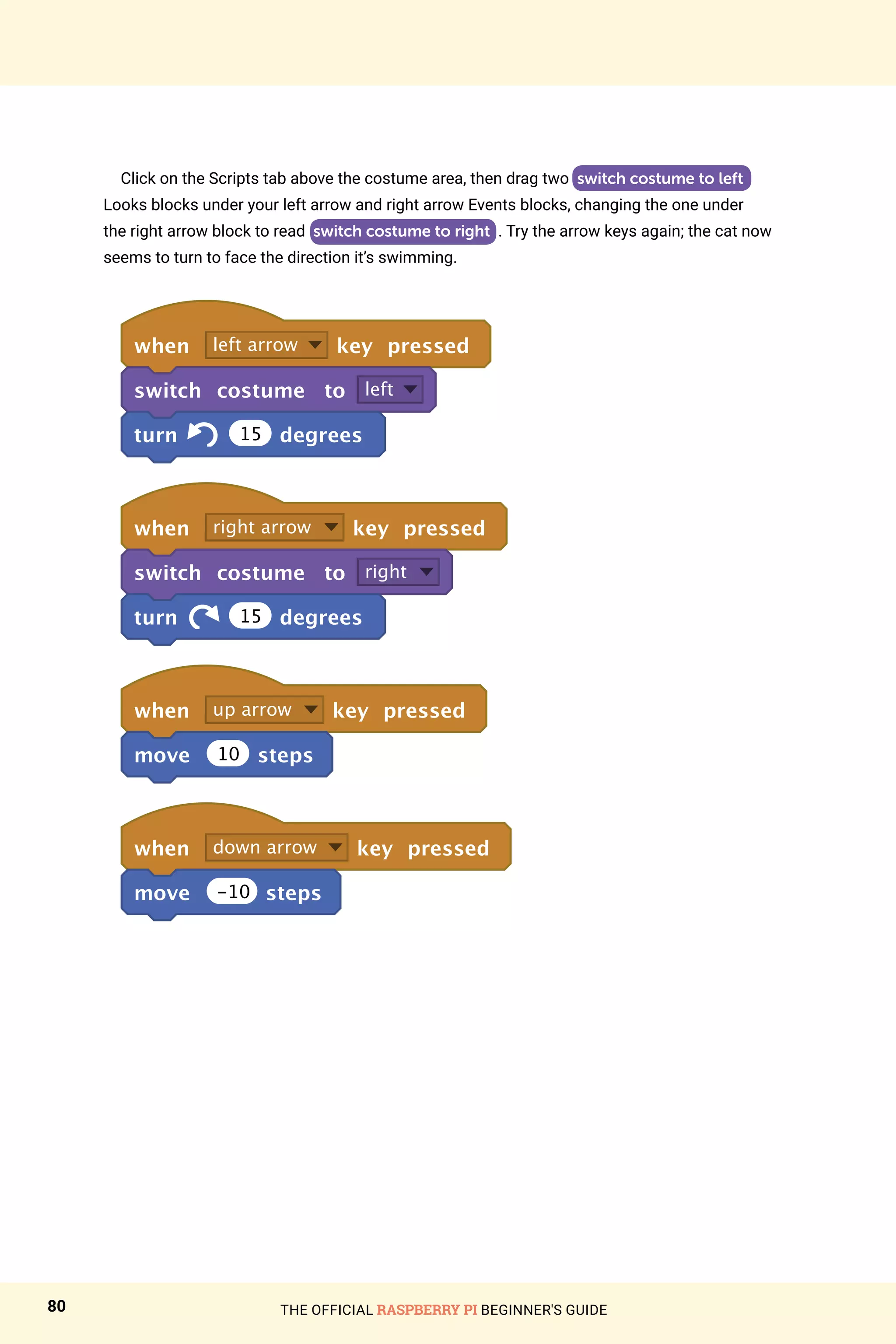 THE OFFICIAL RASPBERRY PI BEGINNER'S GUIDE
80
Click on the Scripts tab above the costume area, then drag two switch costume to left
Looks blocks under your left arrow and right arrow Events blocks, changing the one under
the right arrow block to read switch costume to right . Try the arrow keys again; the cat now
seems to turn to face the direction it’s swimming.
when left arrow key pressed
switch costume to left
turn 15 degrees
when right arrow key pressed
switch costume to right
turn 15 degrees
when up arrow key pressed
move 10 steps
when down arrow key pressed
move -10 steps
 