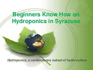 Beginners Know How on
Hydroponics in Syracuse
Hydroponics, a contemporary subset of hydro-culture
 