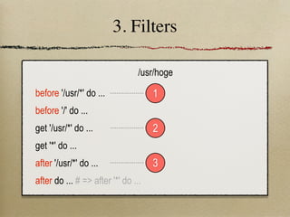 3. Filters

                                 /usr/hoge

before '/usr/*' do ...               1
before '/' do ...
get '/usr/*' do ...                  2
get '*' do ...
after '/usr/*' do ...                3
after do ... # => after '*' do ...
 