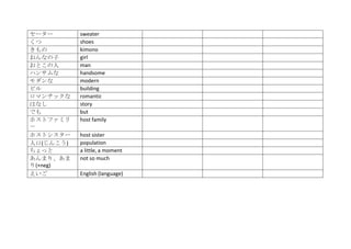 セーター       sweater
くつ         shoes
きもの        kimono
おんなの子      girl
おとこの人      man
ハンサムな      handsome
モダンな       modern
ビル         building
ロマンチックな    romantic
はなし        story
でも         but
ホストファミリ    host family
－
ホストシスター    host sister
人口(じんこう)   population
ちょっと       a little, a moment
あんまり、あま    not so much
り(+neg)
えいご        English (language)
 
