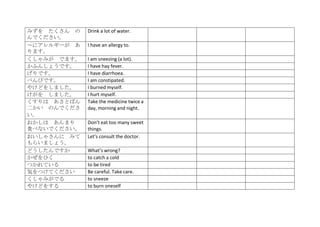 みずを たくさん の   Drink a lot of water.
んでください。
～にアレルギーが あ   I have an allergy to.
ります。
くしゃみが でます。   I am sneezing (a lot).
かふんしょうです。    I have hay fever.
げりです。        I have diarrhoea.
べんぴです。       I am constipated.
やけどをしました。    I burned myself.
けがを しました。    I hurt myself.
くすりは あさとばん   Take the medicine twice a
二かい のんでくださ   day, morning and night.
い。
おかしは あんまり    Don’t eat too many sweet
食べないでください。   things.
おいしゃさんに みて   Let’s consult the doctor.
もらいましょう。
どうしたんですか     What’s wrong?
かぜをひく        to catch a cold
つかれている       to be tired
気をつけてください    Be careful. Take care.
くしゃみがでる      to sneeze
やけどをする       to burn oneself
 