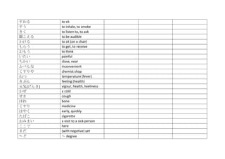 すわる       to sit
すう        to inhale, to smoke
きく        to listen to, to ask
聞こえる      to be audible
かける       to sit (on a chair)
もらう       to get, to receive
おもう       to think
いたい       painful
ちかい       close, near
ふべんな      inconvenient
くすりや      chemist shop
ねつ        temperature (fever)
きぶん       feeling (health)
元気(げんき)   vigour, health, liveliness
かぜ        a cold
せき        cough
ほね        bone
くすり       medicine
はやく       early, quickly
たばこ       cigarette
おみまい      a visit to a sick person
ここで       here
まだ        (with negative) yet
～ど        ～ degree
 