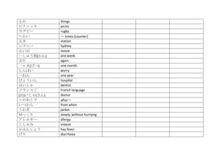もの           things
ピクニック        picnic
ラグビー         rugby
～かい          ～ times (counter)
えき           station
シドニー         Sydney
えいが          movie
一しゅう間(かん)    one week
また           again
一ヶ月(げつ)      one month
しんぱい         worry
一ねん          one year
びょういん        hospital
はいしゃ         dentist
フランスご        French language
(お)いしゃ(さん)   doctor
～のあとで        after～
いつから         from when
うわぎ          jacket
ゆっくり         slowly, without hurrying
アレルギー        allergy
くしゃみ         sneeze
かふんしょう       hay fever
げり           diarrhoea
 