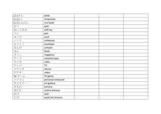 (お)さら     plate
(お)はし     chopsticks
(お)ちゃわん   rice bowl
なべ        pots
ぬいぐるみ     soft toy
ペン        pen
カード       card
ノート       notebook
ふうとう      envelope
まんが       cartoon
ほん        book
ざっし       magazine
テープ       cassette tape
ラジオ       radio
テレビ       TV
ステレオ      stereo
ビデオ       video
TV ゲーム    TV game
パソコン      personal computer
ギャラリー     art gallery
きもの       kimono
ゆかた       cotton kimono
おび        sash
たび        socks for kimono
 