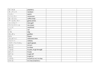 ほうせき       jewellery
ネックレス      necklace
とけい        watch
レストラン      restaurant
きっさてん      coffee shop
ゲームセンター    game centre
ミニゴルフ      mini‐golf
アイスクリーム    ice cream
ことり        small bird
ねこ         cat
いぬ         dog
きんぎょ       goldfish
はな         flower
ぶんぼうぐ      stationary item
ちかてつ       subway
スポーツようひん   sports goods
まがる        to turn
見せる        to show
とおる        to pass, to go through
はらう        to pay
おりる        to get off
のる         to get on
とめる        to park (a car), to stop
わたる        to cross (road etc.)
 
