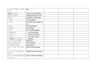 ～けど／けれど／けれ          but
ども
SAL(サルびん)           Surface Air Lifted Mail
まど口(ぐち)             window (sales), counter
では                  now then, in that case
～まい                 For flat object
～さつ                 For books and magazines
                    etc.
～本                  For long objects
～ひき                 For animals
～つ                  For roundish objects
～円(えん)              ～ yen, for money
～ドル                 ～ dollar, for money
～セント                ～ cent, for money
～週間(しゅうかん)          ～week(s)
いらっしゃいませ            Welcome
かしこまりました            Yes, Certainly
～はどうですか             How about ～
ちょっとまってくださ          Wait a minute please
い
しょうしょうおまちく Please wait a little while
ださい
たいへんおまたせ(いた) Sorry, I kept you waiting
しました
 