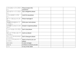 こたえをいってくださ     Please answer (the
い。             questions).
みんなでいってくださ     Say it altogether please.
い。
こちらを見てくださ      Look this way please.
い。
3 ページをよんでくだ    Please read page 3.
さい。
名前(なまえ)をかいて    Write your name please.
ください。
日本語でこたえてくだ     Answer in Japanese please.
さい。
しゃべらないでくださ     Don’t chat please.
い。
おしゃべりをしないで     (same as above)
ください。
チューインガムをかまない   Don’t chew gum please.
でください。
いっしょうけんめいやって   Work as hard as you can
ください。          please.
はじまる           to start, to begin
おわる            to finish, to come to an end
いう             to say, to be called
 