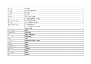 ならう       to learn
かりる       to hire, to borrow
おどる       to dance
かつ        to win
つかれる      to become tired
でる        to appear (in the movie)
きょうみがある   to be interested
できる       to be able to, can do
友だちができる   to make friends
はく        to wear (shoes, trousers,
          pants, skirt)
やさしい      easy
たいせつな     important
すごい       great, wonderful
ひこうき      aeroplane
かんじ       kanji
パチンコ      pachinko (pinball game)
からだ       body
プール       pool
バイオリン     violin
イギリス      England
よく        often
ディスコ      disco
すこし       a little
 