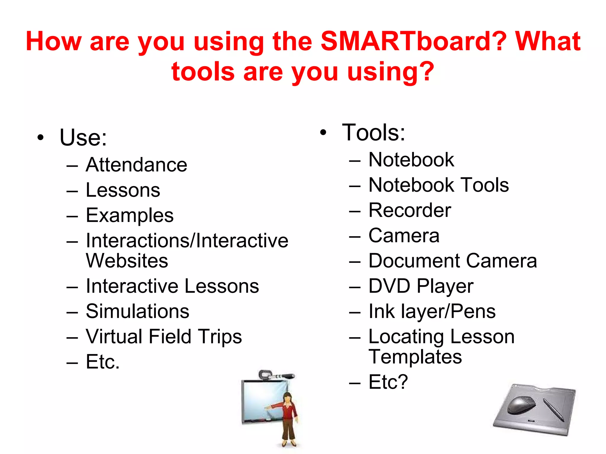 How are you using the SMARTboard? What tools are you using? Use: Attendance Lessons Examples Interactions/Interactive Websites Interactive Lessons Simulations Virtual Field Trips Etc. Tools: Notebook Notebook Tools Recorder Camera Document Camera DVD Player Ink layer/Pens Locating Lesson Templates Etc? 