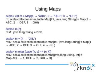 Using Maps
scala> val m = Map(1 → “ABC”, 2 → “DEF”, 3 → “GHI”)
m: scala.collection.immutable.Map[Int, java.lang.String] = Map(1 →
ABC, 2 → DEF, 3 → GHI)

scala> m(2)
res1: java.lang.String = DEF

scala> m + (4 → “JKL”)
res2: scala.collection.immutable.Map[Int, java.lang.String] = Map(1
→ ABC, 2 → DEF, 3 → GHI, 4 → JKL)

scala> m map {case (k, v) => (v, k)}
res2: scala.collection.immutable.Map[java.lang.String, Int] =
Map(ABC → 1, DEF → 2, GHI → 3)
 