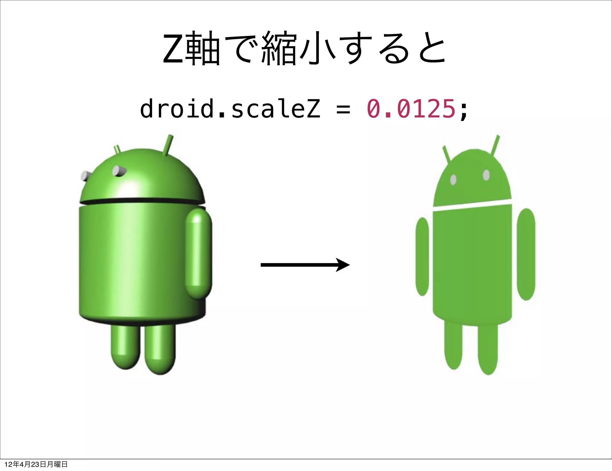 Z軸で縮小すると
              droid.scaleZ = 0.0125;




12年4月23日月曜日
 