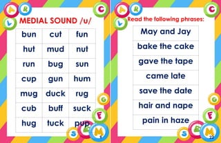 MEDIAL SOUND /u/
bun cut fun
hut mud nut
run bug sun
cup gun hum
mug duck rug
cub buff suck
hug tuck pup
9
Read the following phrases:
May and Jay
bake the cake
gave the tape
came late
save the date
hair and nape
pain in haze
22
 