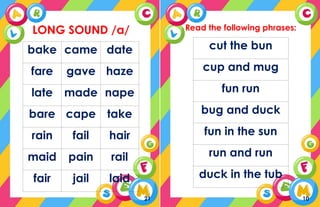 LONG SOUND /a/
bake came date
fare gave haze
late made nape
bare cape take
rain fail hair
maid pain rail
fair jail laid
21
Read the following phrases:
cut the bun
cup and mug
fun run
bug and duck
fun in the sun
run and run
duck in the tub
10
 