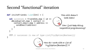 Second “functional” iteration
def inviteFriends: List[Int] = {
val successes = friendIds.map { id =>
dbLookup(id).map { contact =>
contact.email.map { address =>
sendEmail(address)
}
}
}
??? // successes is now of type List[Try[Option[Boolean]]]
}
Can I just keep doing
imperative programming?
This still doesn’t
look clean!
How do I work with a List of
Try[Option[Boolean]] ??
19
Copyright (C) 2021 Murray Todd Williams
 