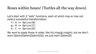 Boxes within boxes! (Turtles all the way down)
Let’s start with 3 “safe” functions, each of which may or may not
yield a successful transformation.
f: A => Option[B]
g: B => Option[C]
h: C => Option[D]
We want to apply these in order, like f(x).map(g).map(h), but we don’t
want Option[Option[Option[D]]], we just want Option[D]
20
Copyright (C) 2021 Murray Todd Williams
 