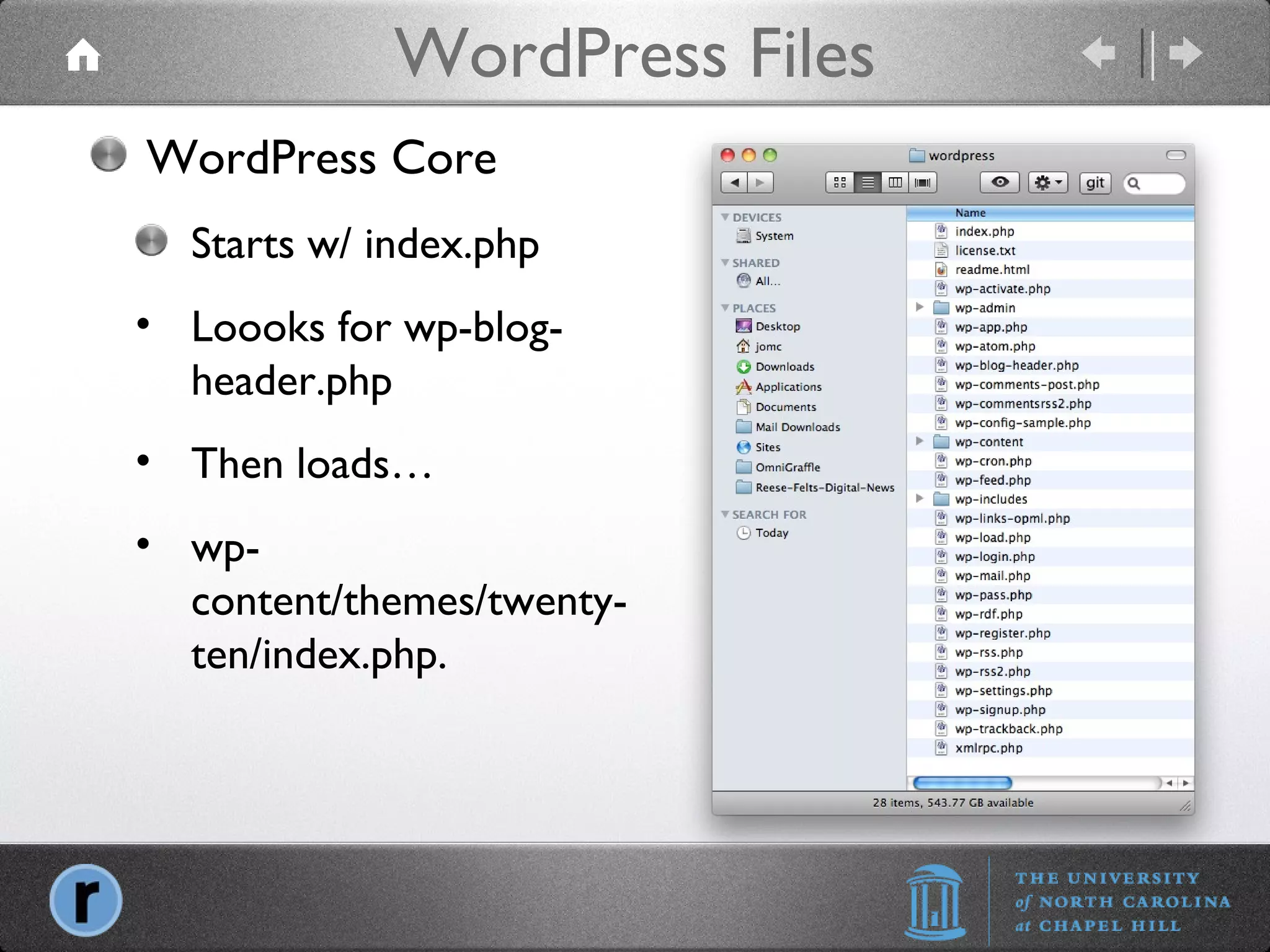 WordPress Files WordPress Core Starts w/ index.php Loooks for wp-blog-header.php Then loads… wp-content/themes/twenty-ten/index.php. 