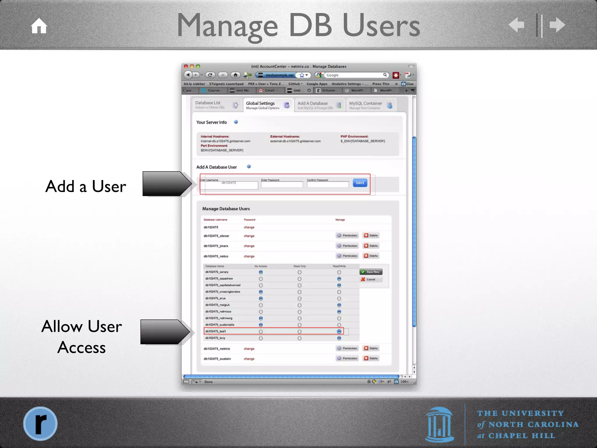Manage DB Users Allow User Access Add a User 
