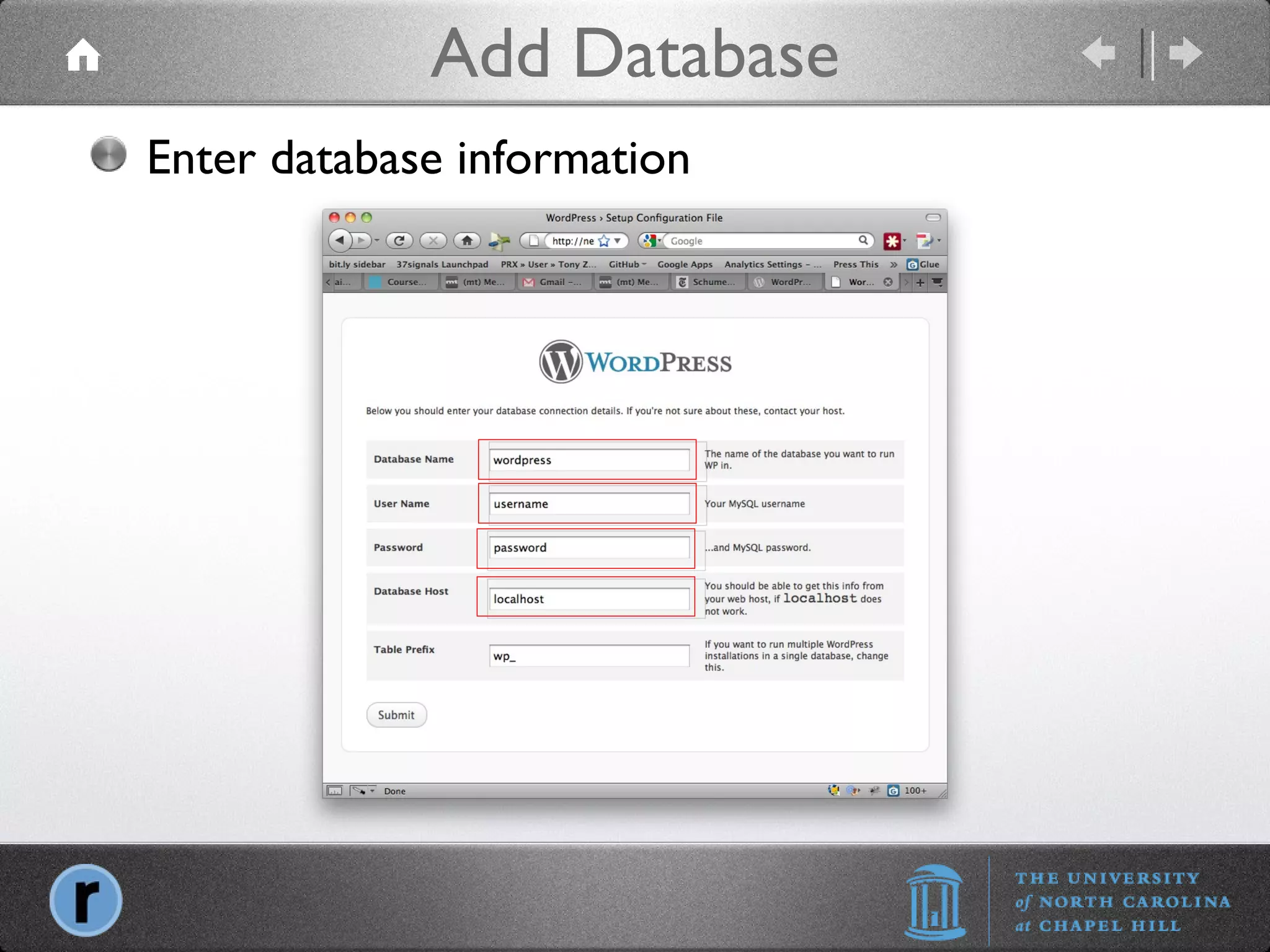 Add Database Enter database information 