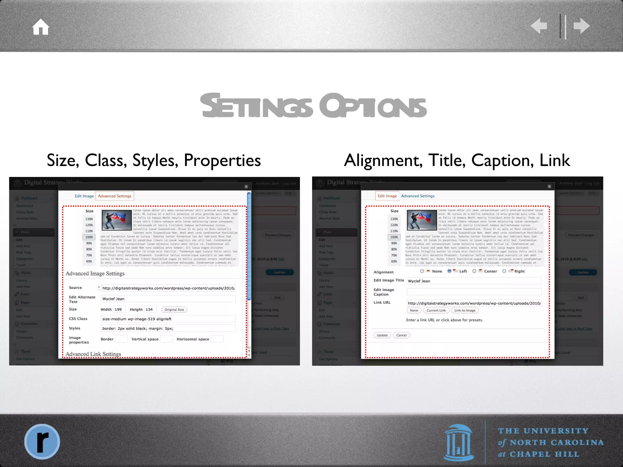 Settings Options Size, Class, Styles, Properties Alignment, Title, Caption, Link 