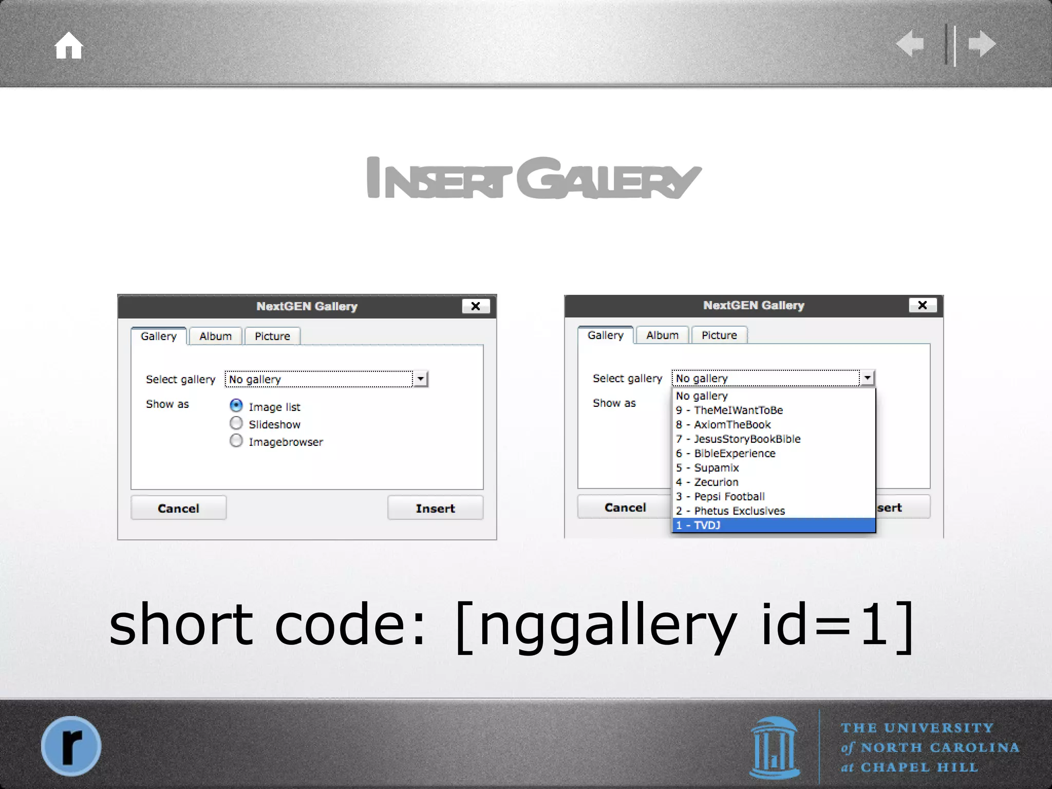 Insert Gallery short code: [nggallery id=1] 