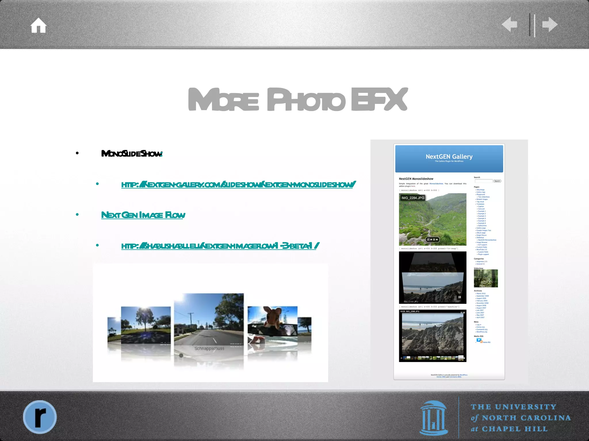 More Photo EFX MonoSlideShow :  http://nextgen-gallery.com/slideshow/nextgen-monoslideshow/ Next Gen Image Flow http://shabushabu.eu/nextgen-imageflow-1-3-beta-1/ 