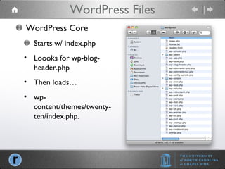 WordPress Files WordPress Core Starts w/ index.php Loooks for wp-blog-header.php Then loads… wp-content/themes/twenty-ten/index.php. 